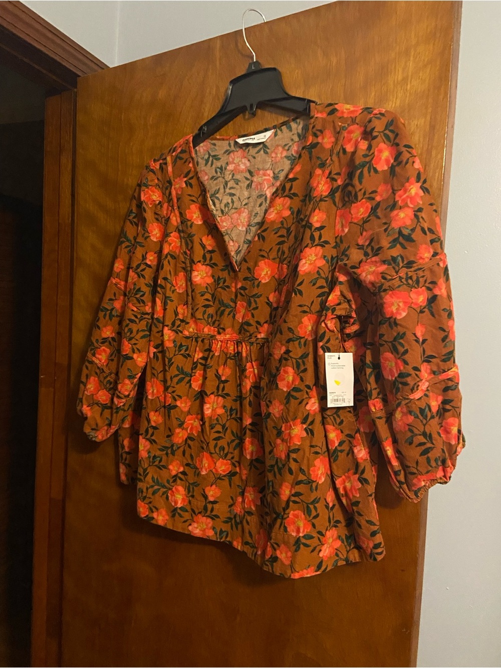 Sonoma Rust Floral V-Neck Peasant Blouse with Pink Blooms